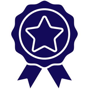 A dark blue silhouette of an award ribbon with a star in the center.