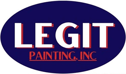 Logo of "Legit Painting, Inc." with white text on a dark blue oval background. "Legit" is in large letters, with "Painting, Inc." in smaller red text beneath it.