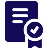 Dark blue icon of a document with lines, alongside a ribbon featuring a checkmark.